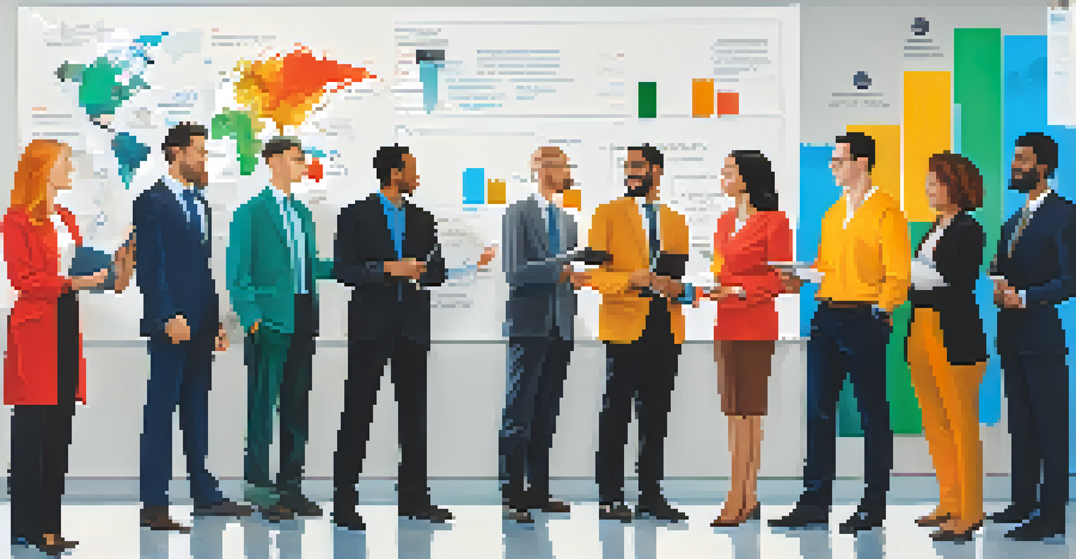 A diverse group of employees discussing a chart on establishing a culture of integrity at work.