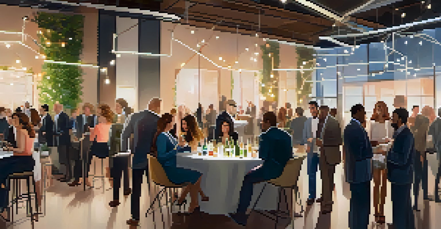 Entrepreneurs networking at a lively event, with string lights and small groups engaged in conversation.