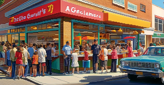 A busy fast-food restaurant with a bright sign and a diverse group of customers waiting in line.
