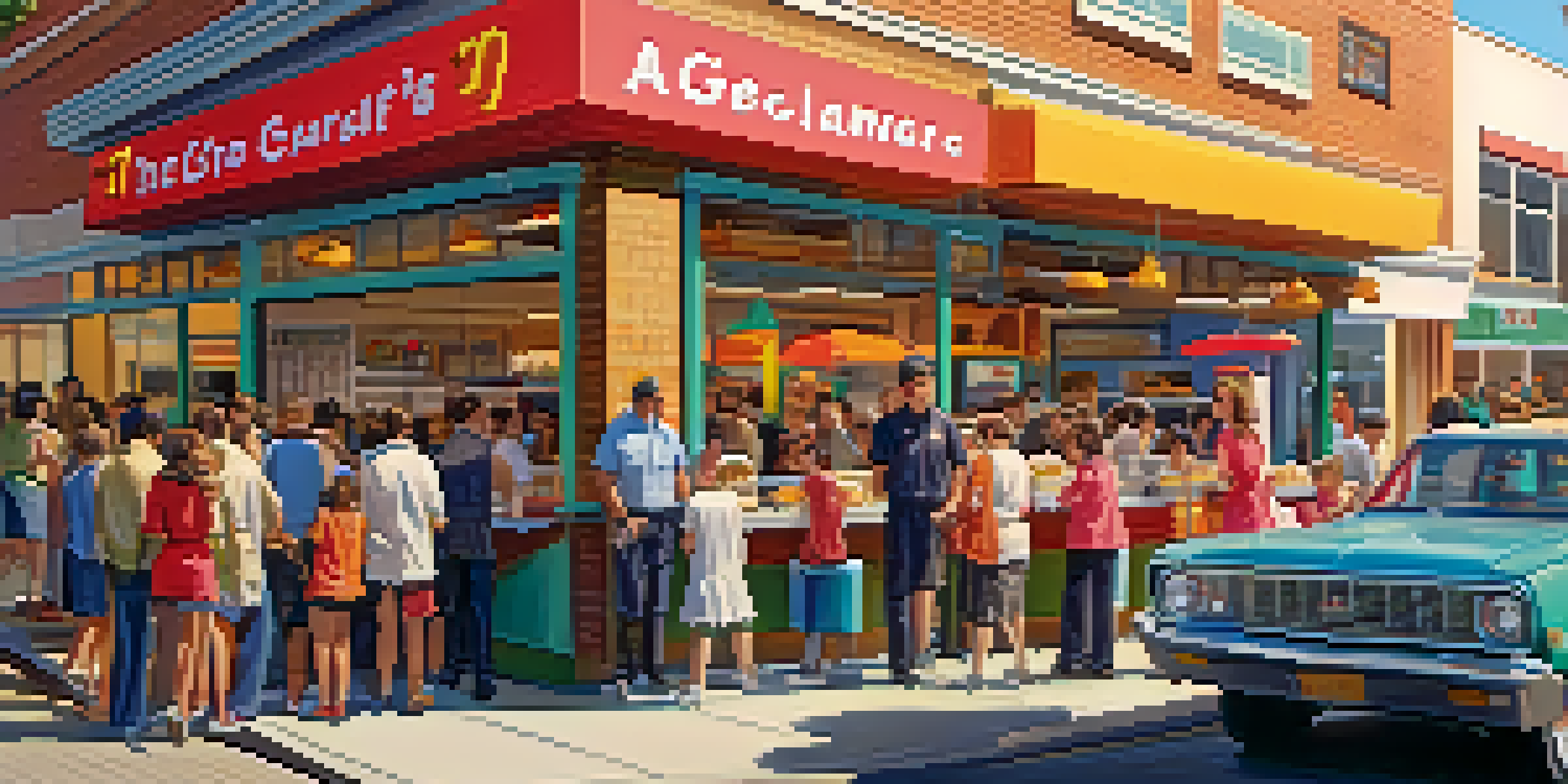 A busy fast-food restaurant with a bright sign and a diverse group of customers waiting in line.