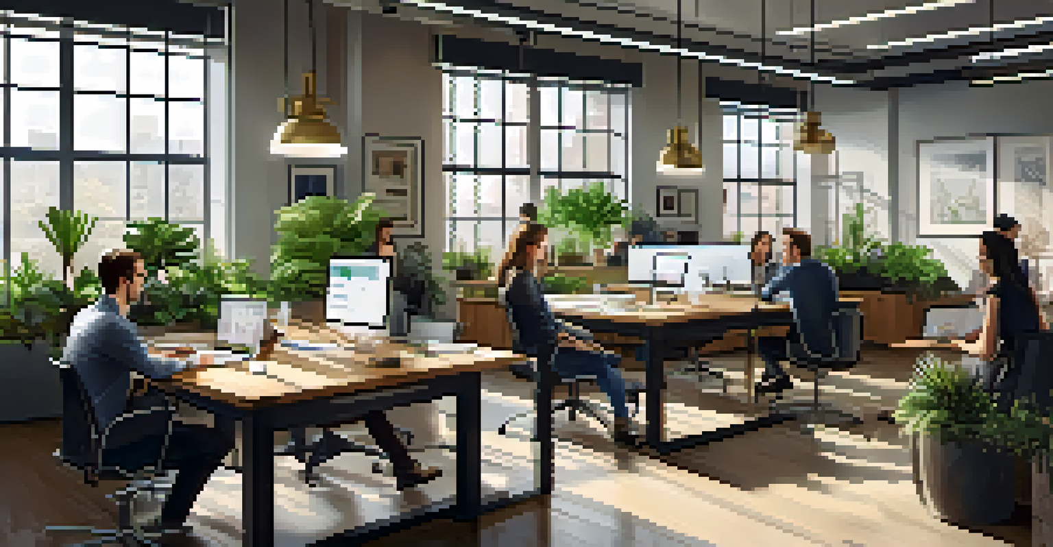 A bright and airy modern office where employees are working together in a collaborative environment.