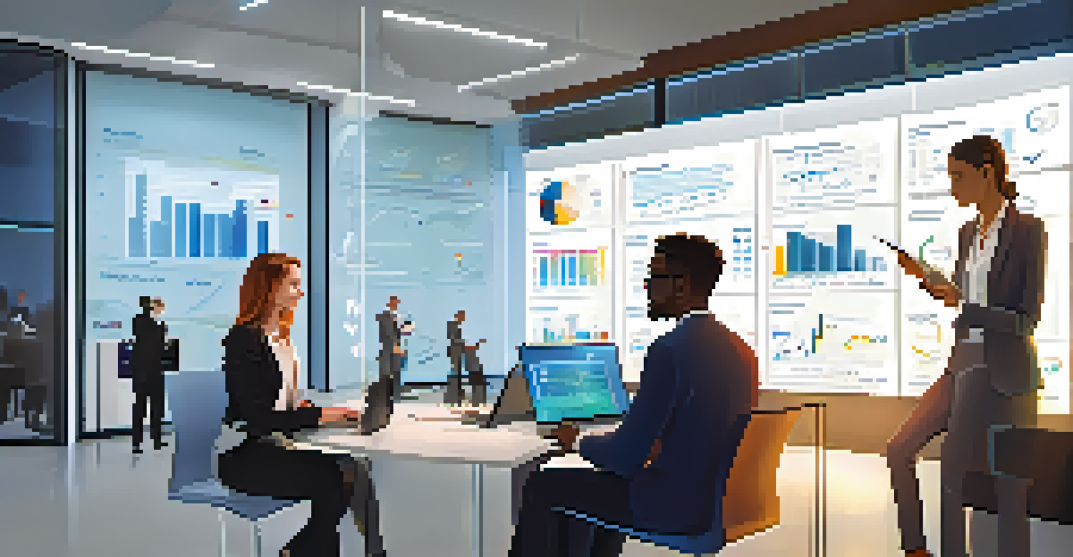 A diverse team in a modern office conducting market research, focused on laptops with charts displayed in the background, illuminated by bright professional lighting.
