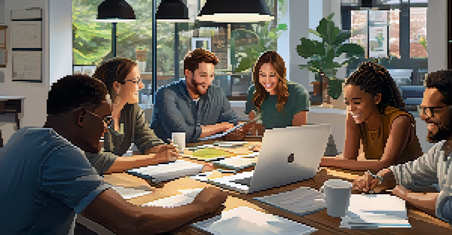 A diverse group of people collaborating in a bright workspace, with laptops and notes, showcasing teamwork and engagement in a positive atmosphere.