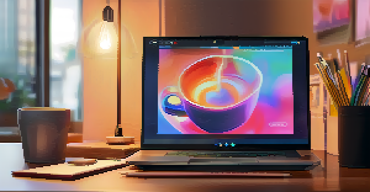 A close-up of a laptop screen displaying a vibrant video presentation in a cozy workspace filled with notebooks and a coffee mug.