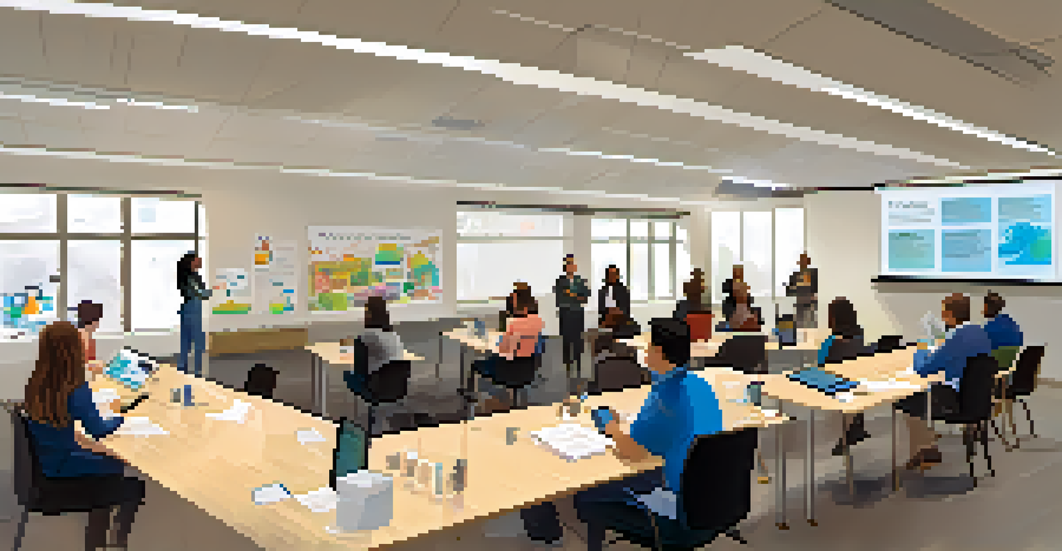 Employees participating in a professional development workshop with a projector and group discussions in a bright room.