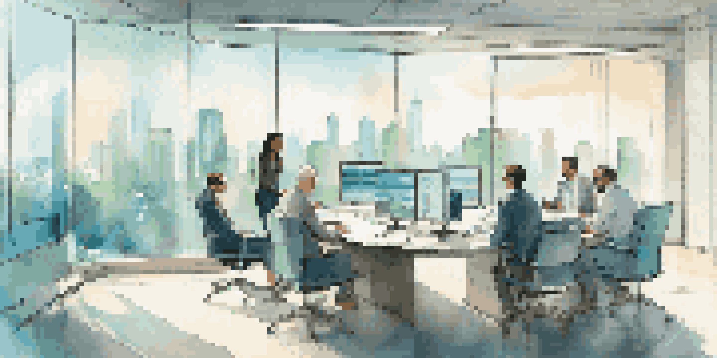 A diverse group of professionals in a modern office discussing financial graphs with a city view outside.