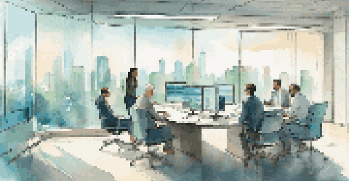 A diverse group of professionals in a modern office discussing financial graphs with a city view outside.