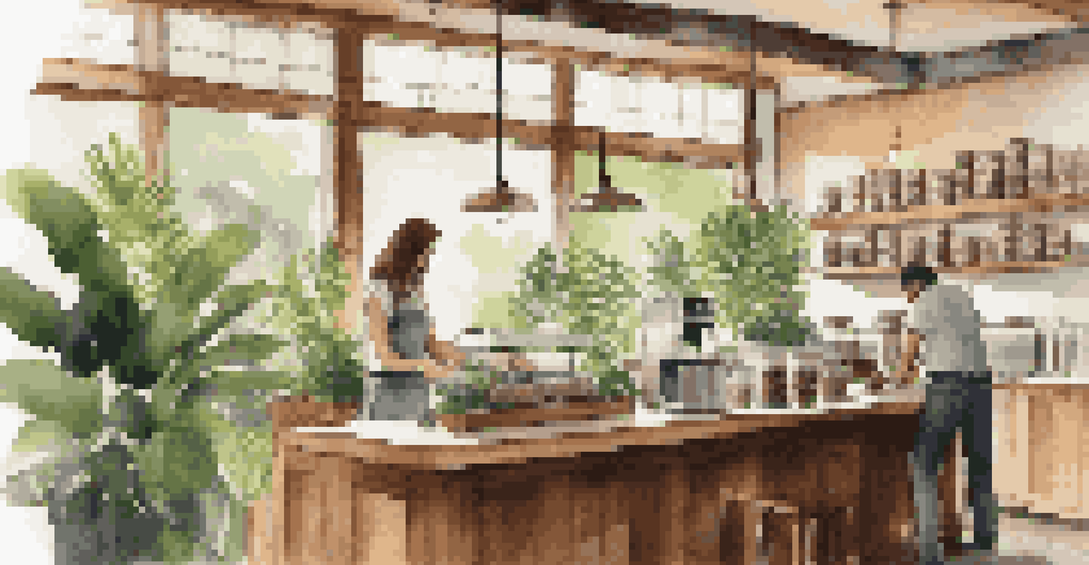 A cozy coffee shop with a bag of certified coffee displayed on the counter, and a barista preparing drinks.