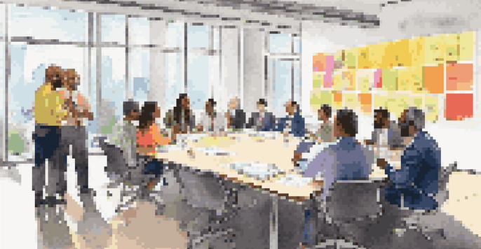 A diverse group of professionals in a collaborative meeting, showcasing various cultural backgrounds with colorful attire and sticky notes.