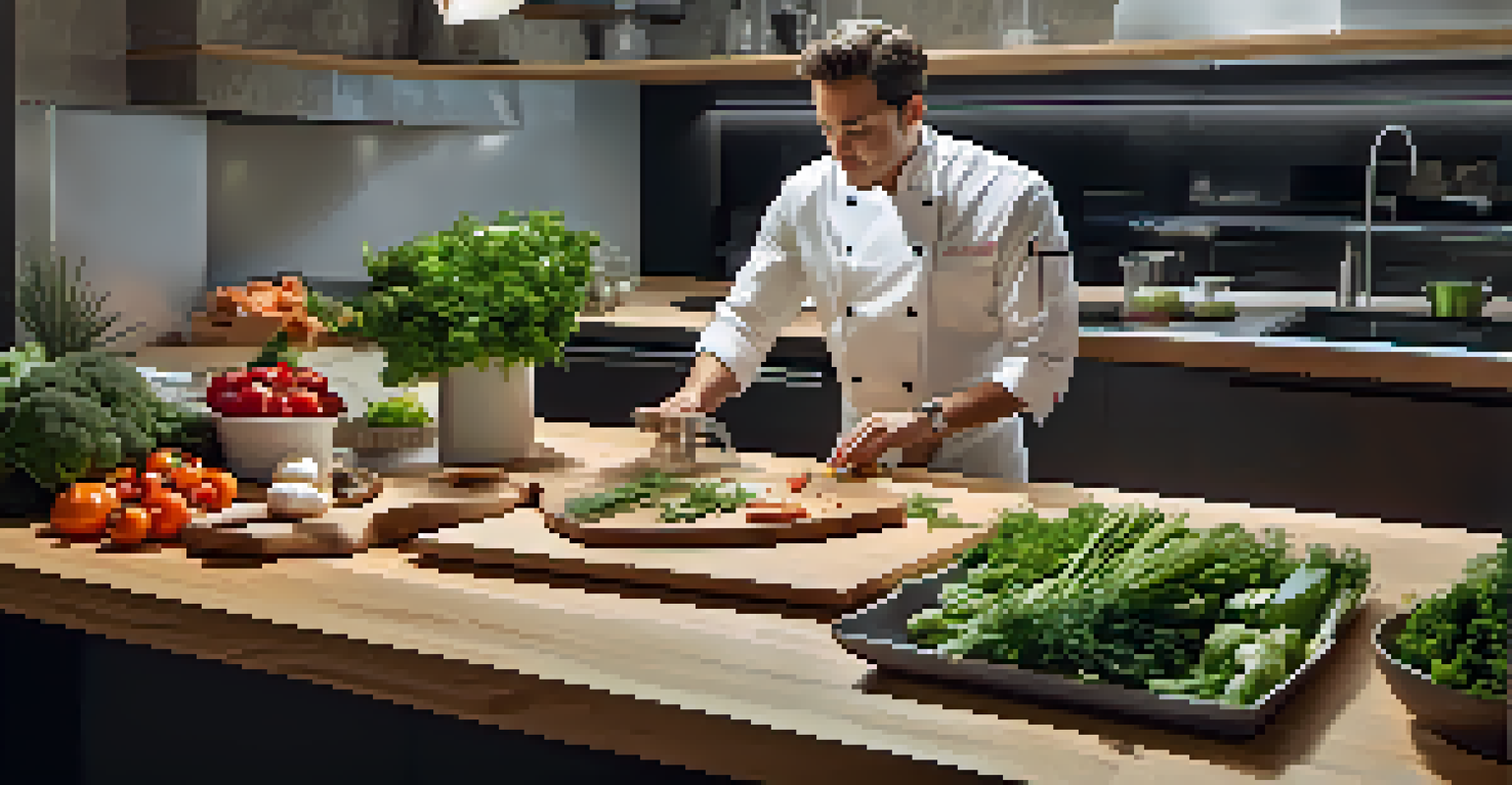 A chef influencer cooking a healthy meal in a modern kitchen with fresh ingredients on the counter and a recipe tablet beside.