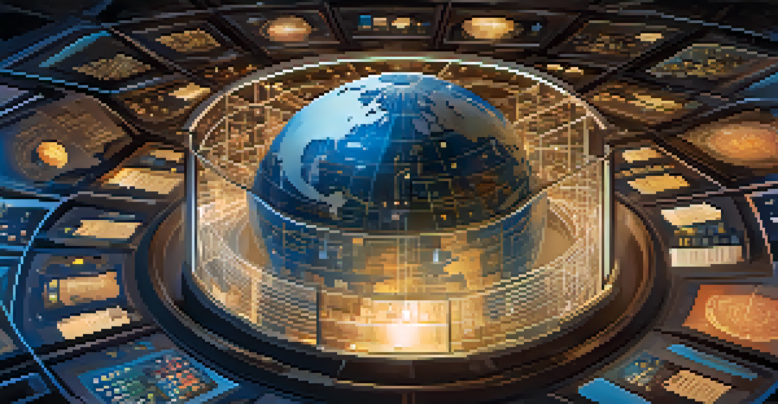 A digital globe with symbols of patents, trademarks, and copyrights, glowing in a futuristic setting.