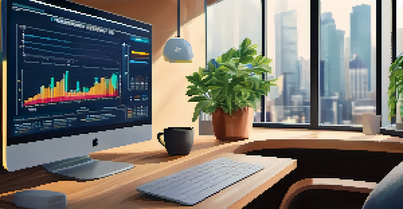 A computer screen showing a data analytics dashboard with colorful graphs in a cozy workspace.