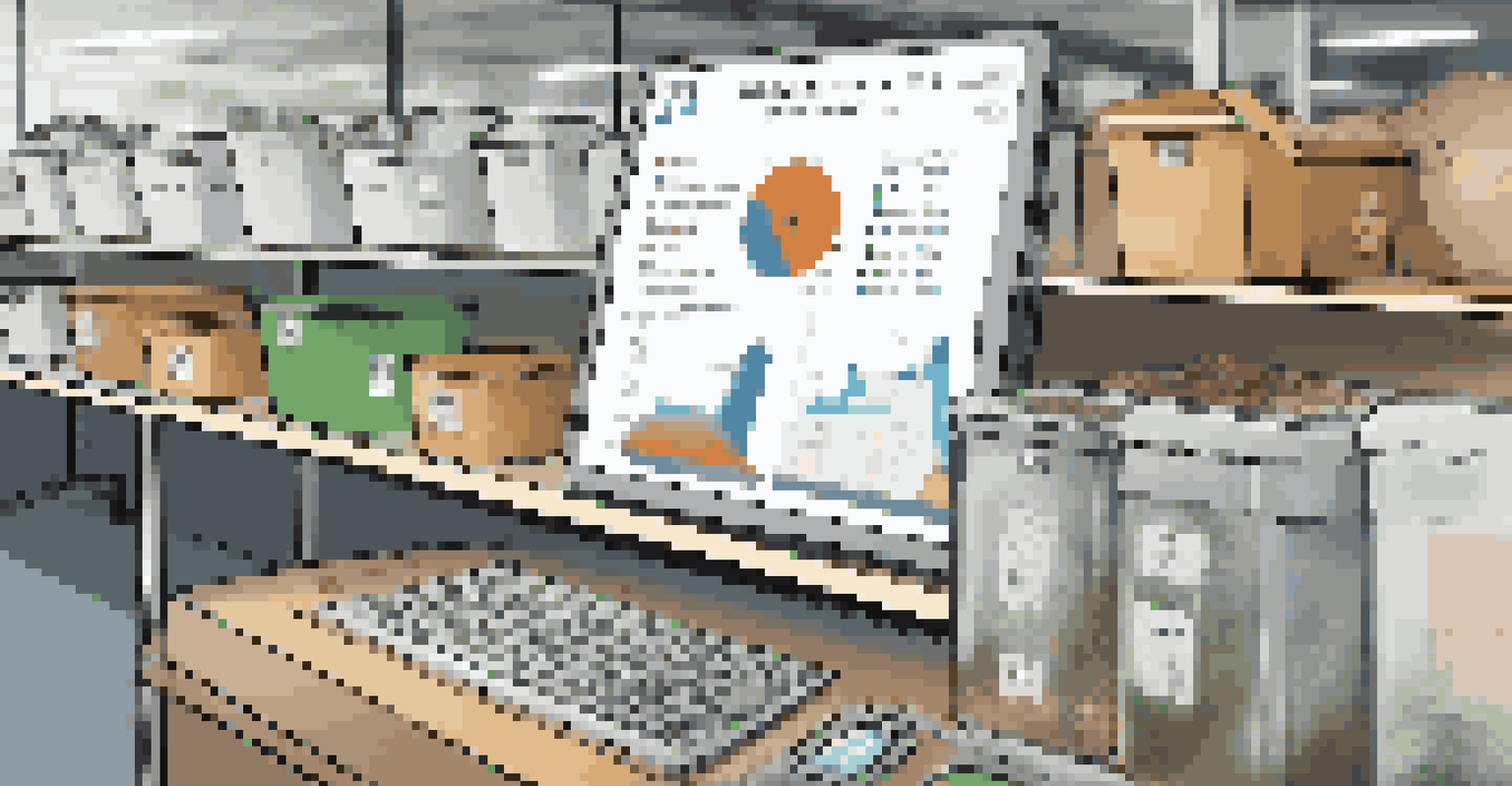 Close-up of a tablet showing digital waste tracking data in a modern office with a recycling station.