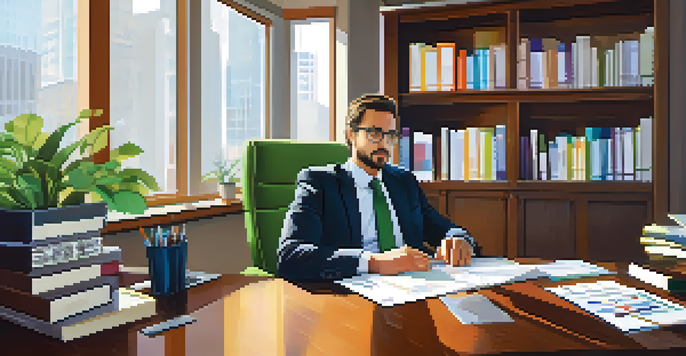 A business analyst working at a desk with financial reports and graphs, a laptop showing colorful charts, and a bookshelf in the background.