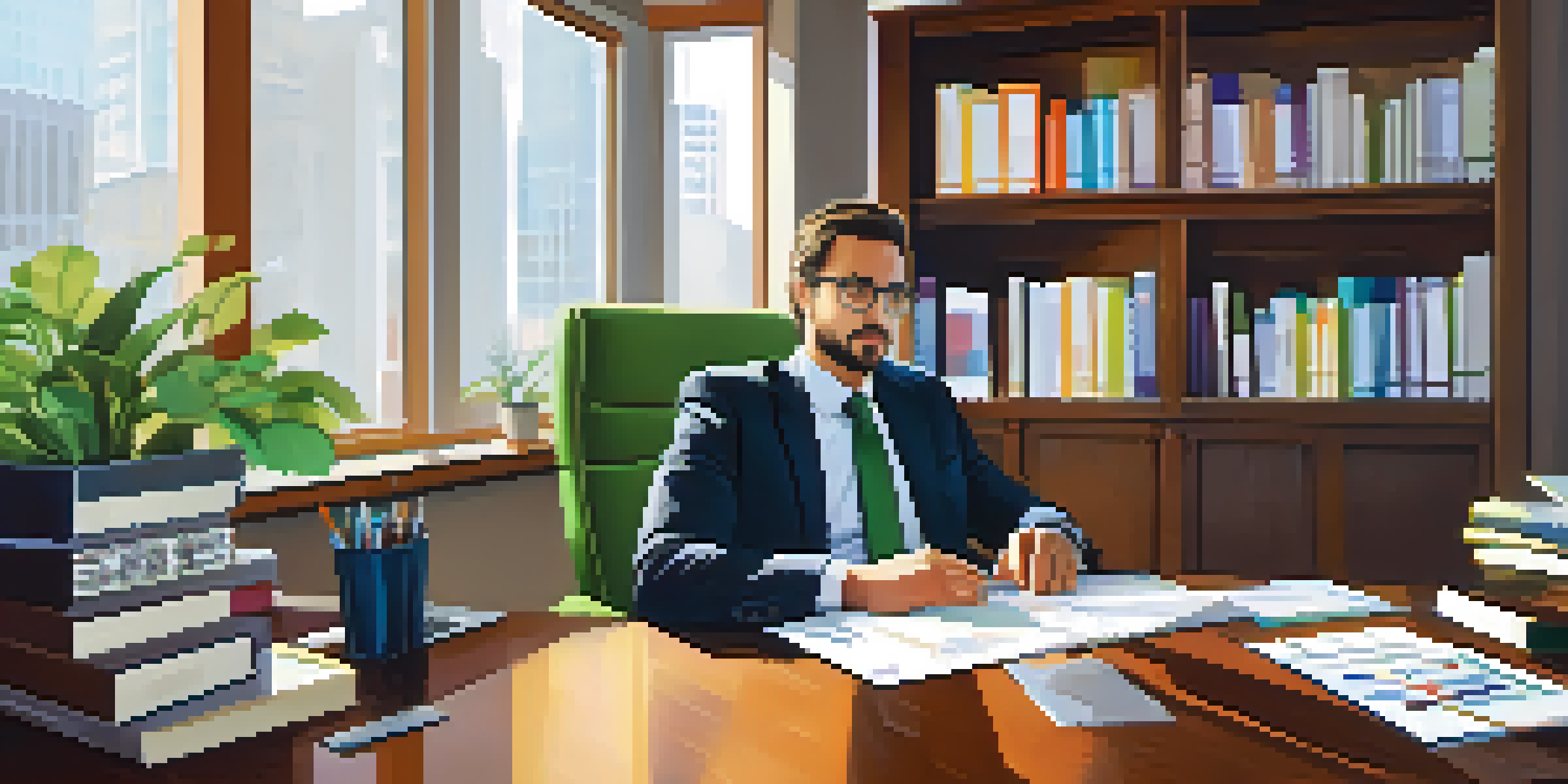 A business analyst working at a desk with financial reports and graphs, a laptop showing colorful charts, and a bookshelf in the background.