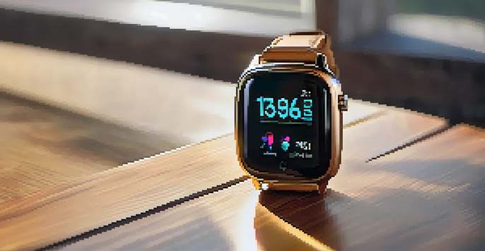A close-up of a modern smartwatch on a wooden table, displaying customizable watch faces.
