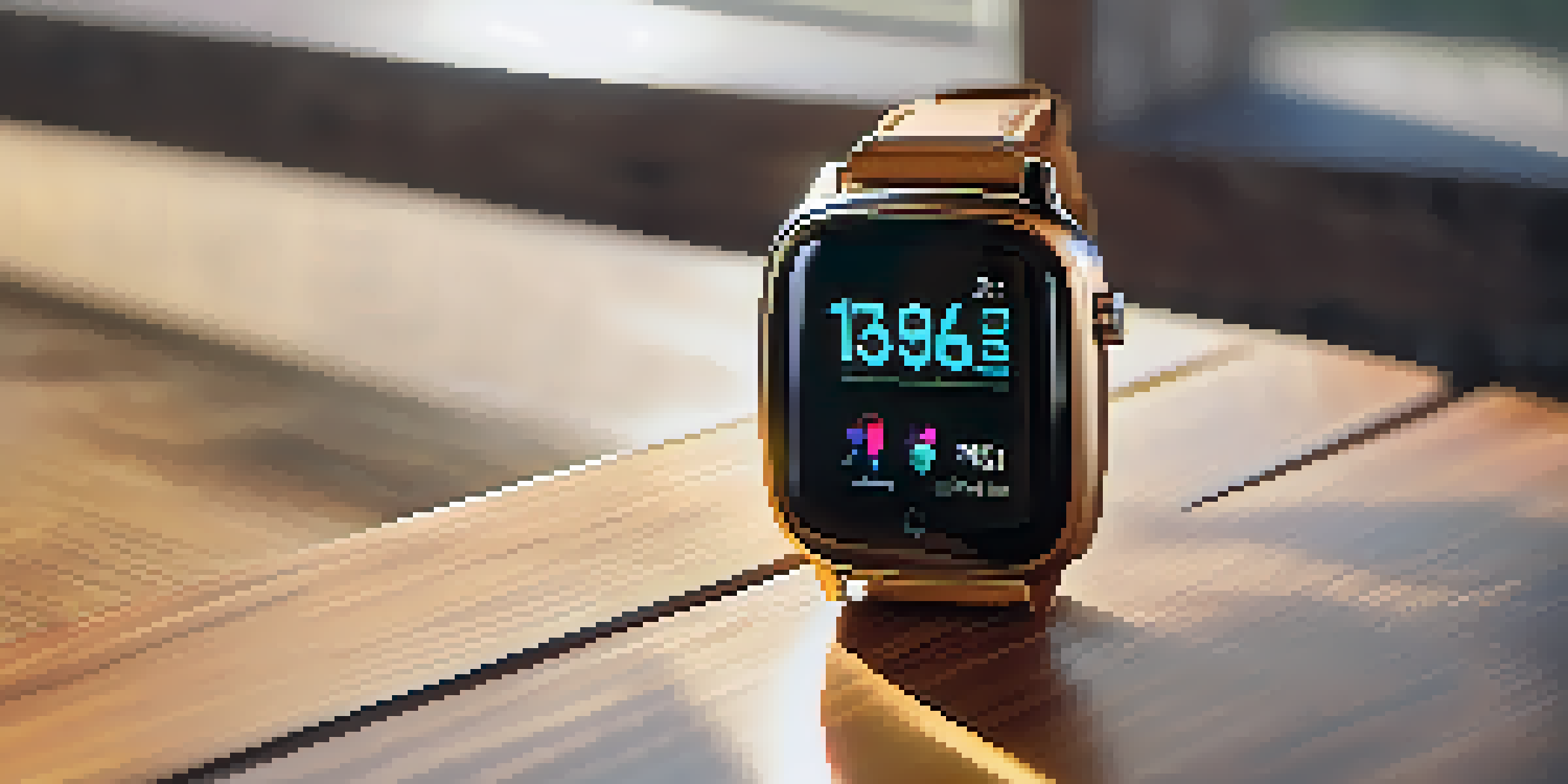 A close-up of a modern smartwatch on a wooden table, displaying customizable watch faces.