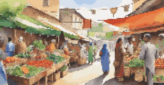 A lively marketplace with people buying ethical products, surrounded by colorful stalls and green plants.