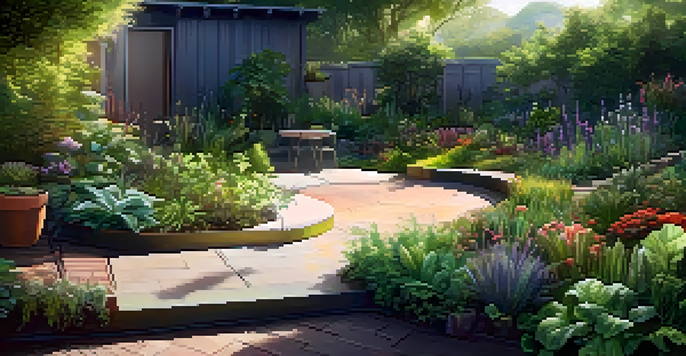 A colorful garden with various plants growing together, symbolizing a circular economy. Sunlight filters through the leaves, creating shadows on the soil.