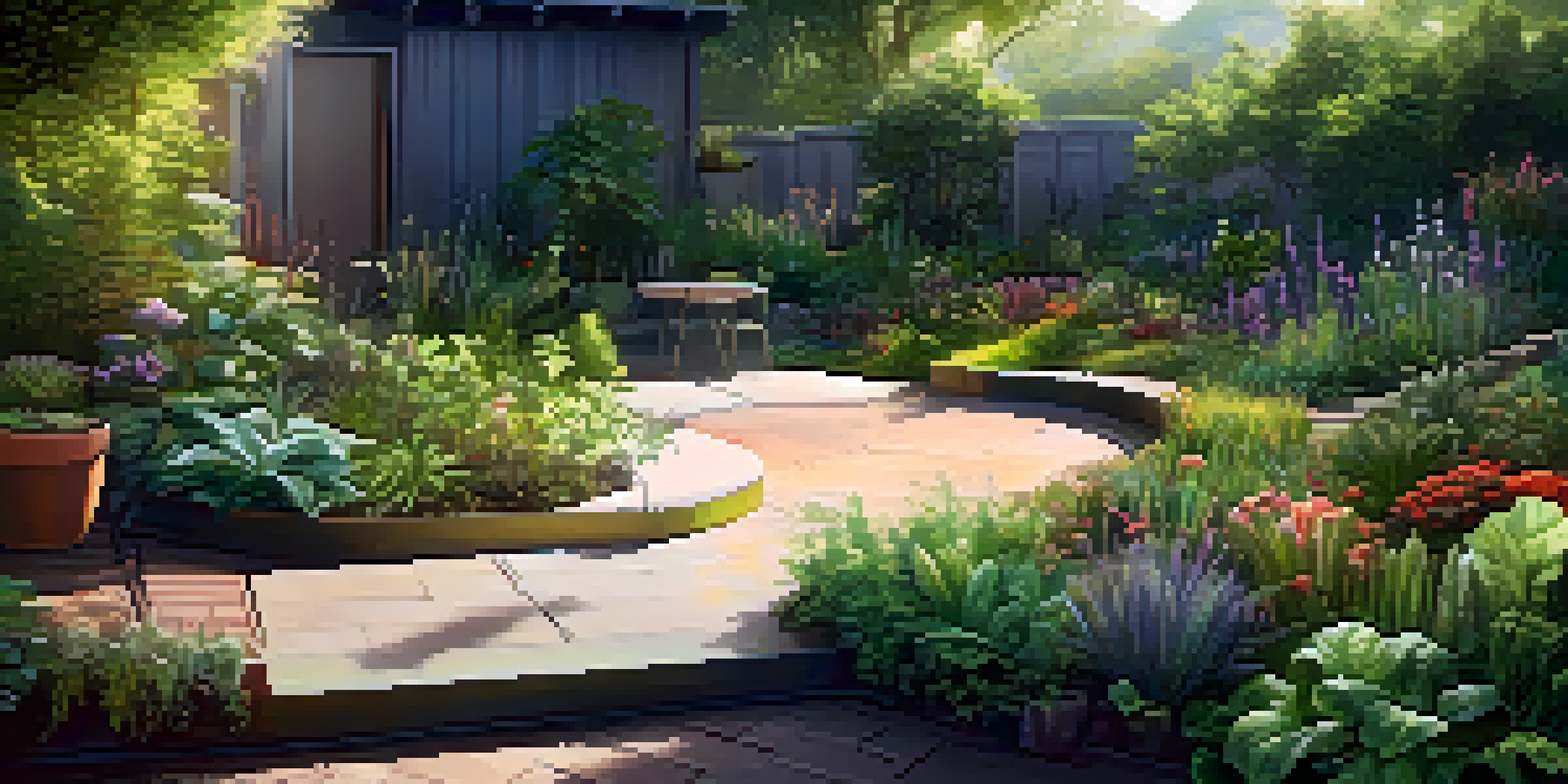 A colorful garden with various plants growing together, symbolizing a circular economy. Sunlight filters through the leaves, creating shadows on the soil.