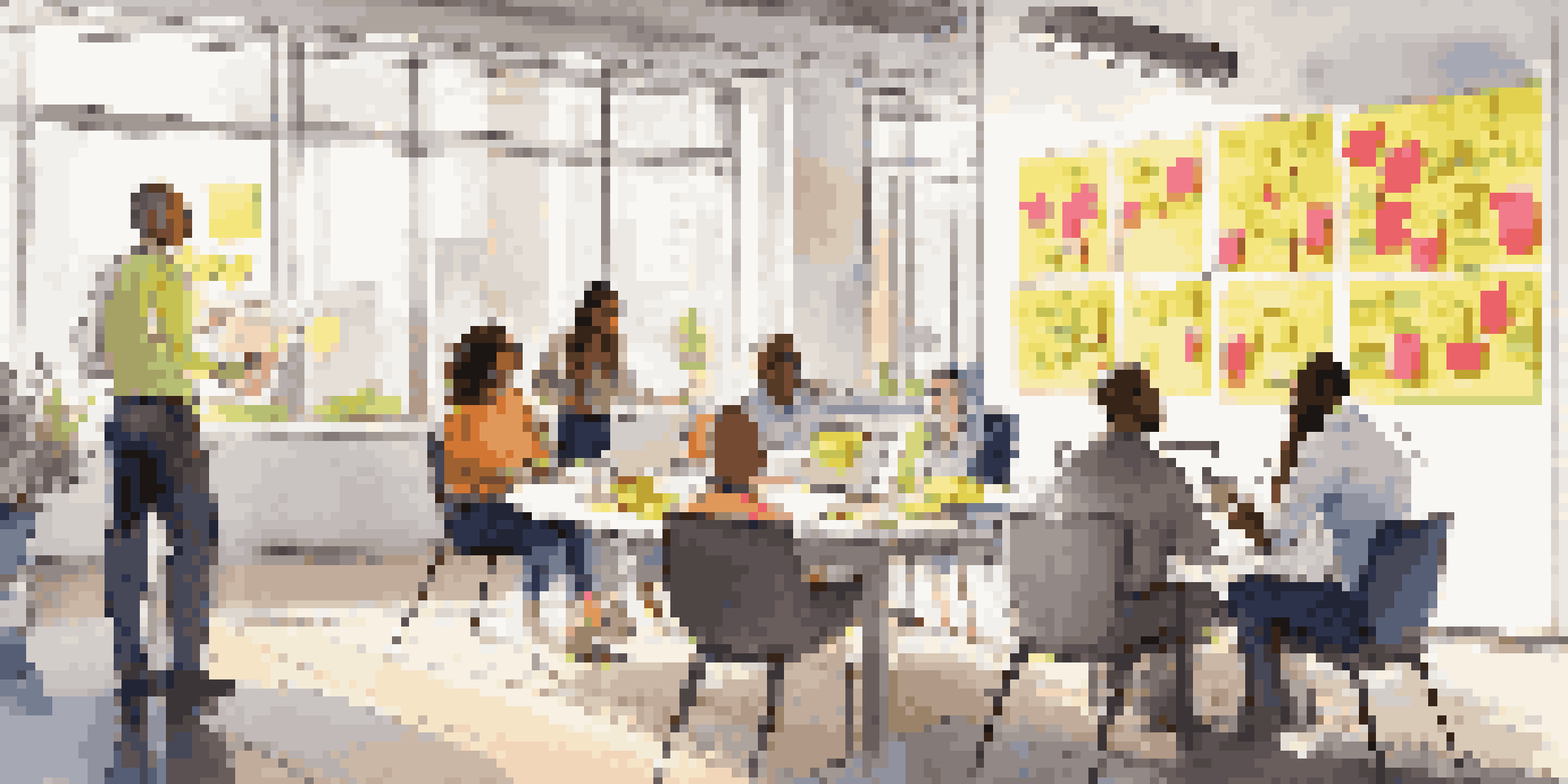 A diverse group of employees collaborating in a bright office, discussing ideas around a whiteboard covered with colorful sticky notes.