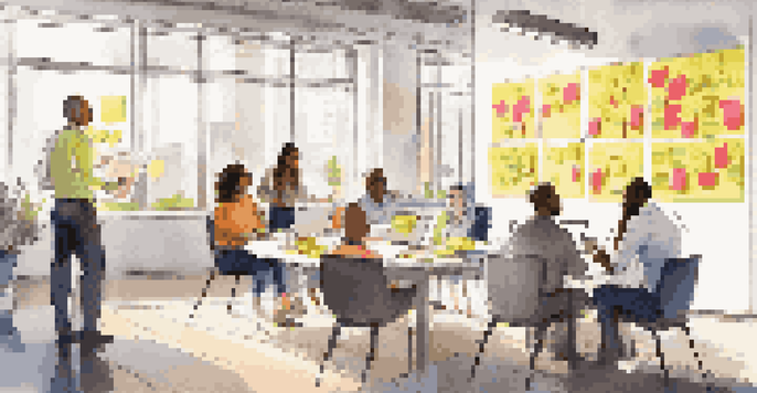 A diverse group of employees collaborating in a bright office, discussing ideas around a whiteboard covered with colorful sticky notes.