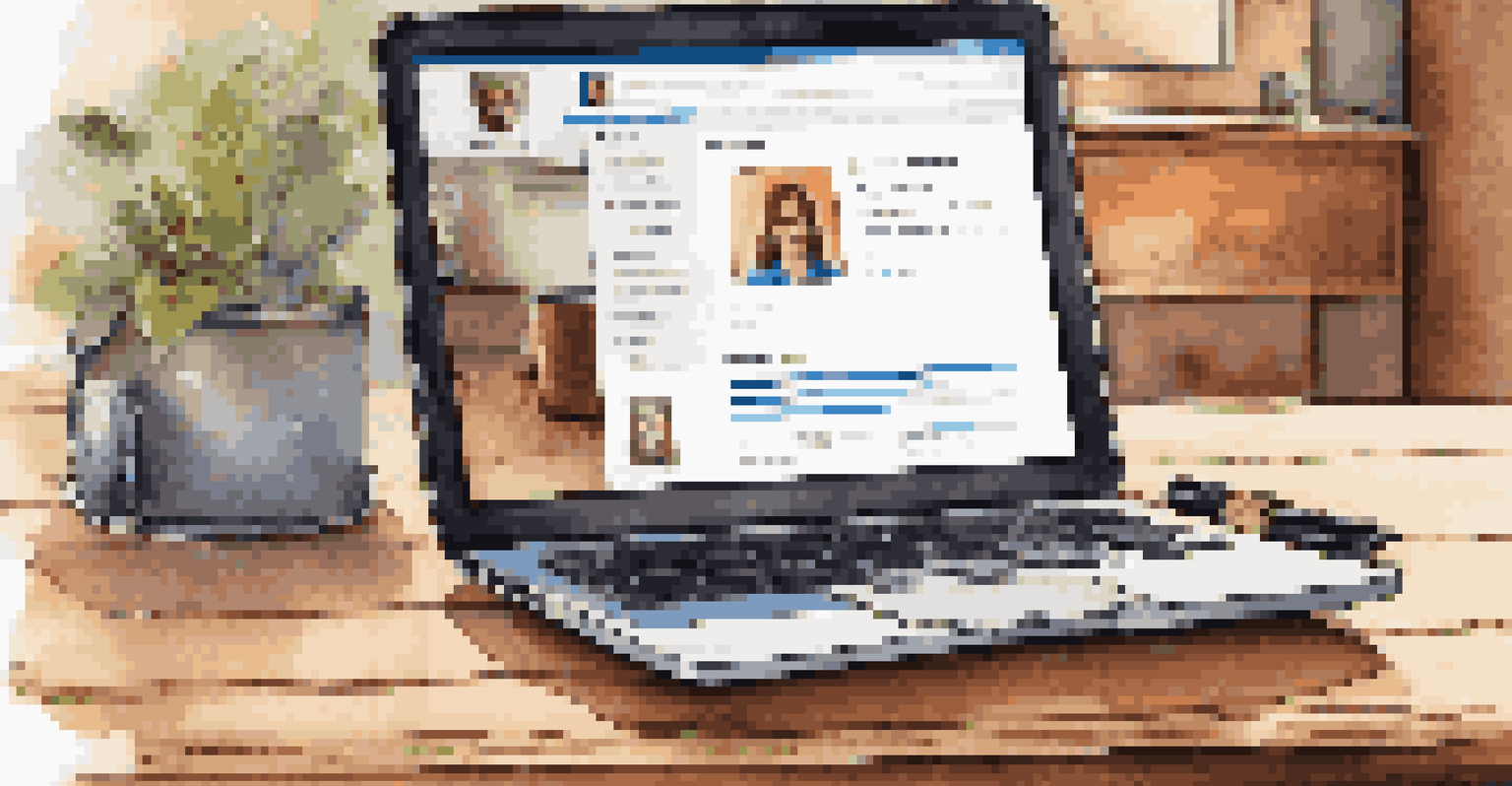 A laptop displaying a LinkedIn profile page, with a coffee cup and notepad on a wooden table, highlighting online networking.