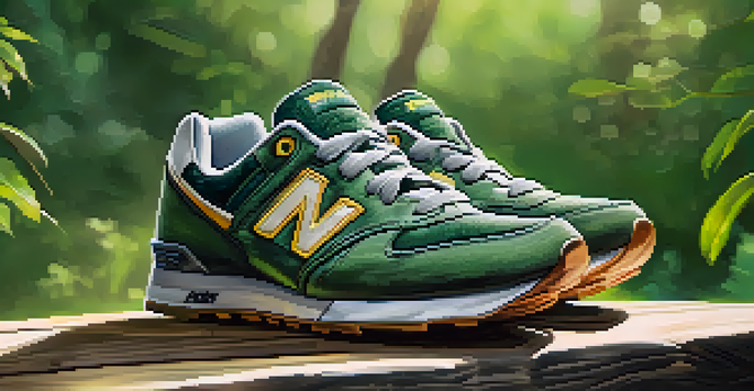 A detailed view of running shoes on a wooden surface with greenery in the background.