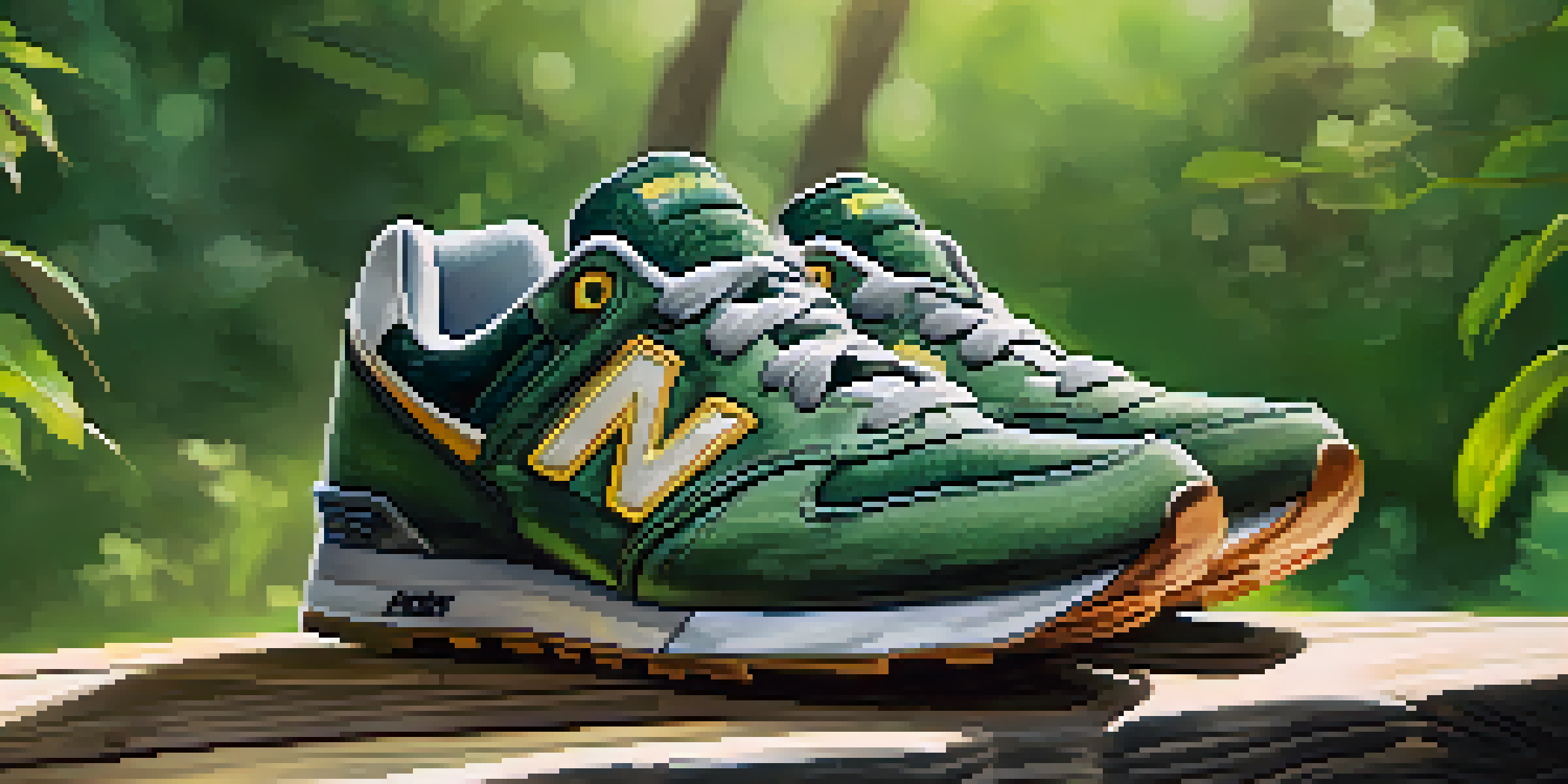 A detailed view of running shoes on a wooden surface with greenery in the background.