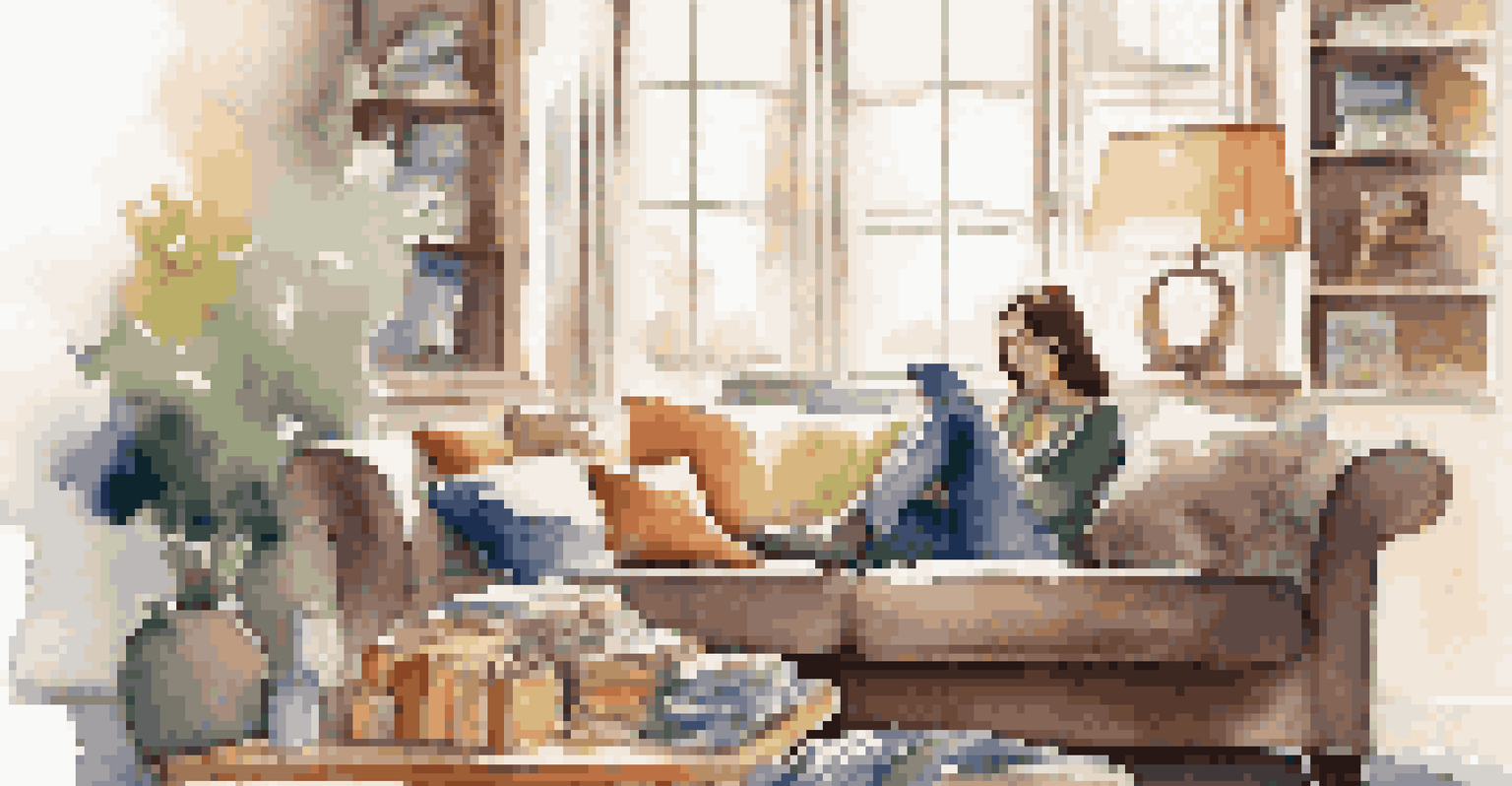 A woman sitting on a couch with shopping bags, looking thoughtful about her recent purchases.
