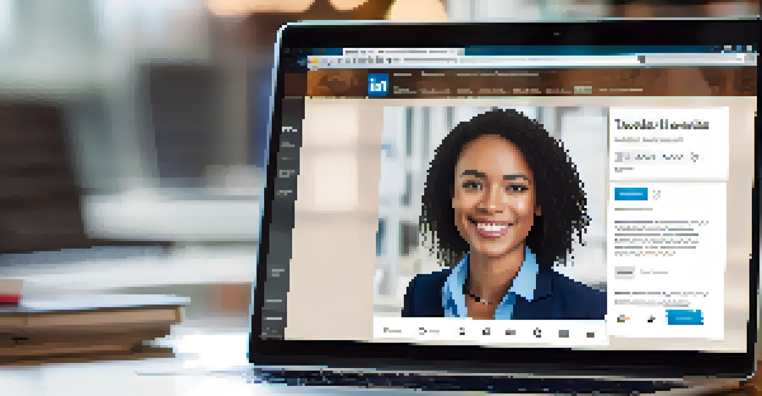 Close-up of a LinkedIn profile on a laptop screen, highlighting a professional photo and detailed work experience.