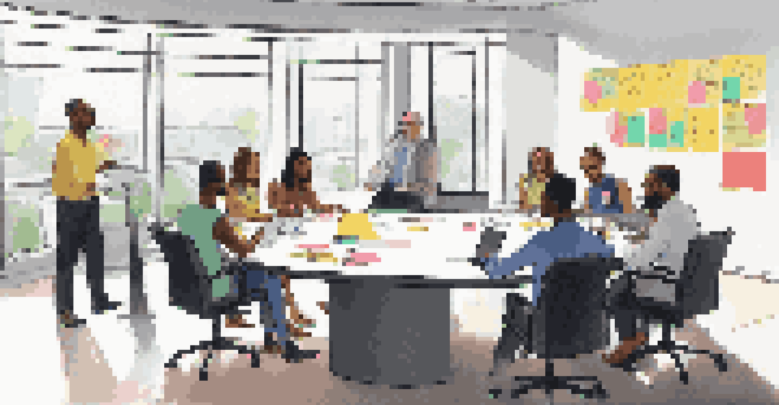 A diverse team of professionals collaborating around a table in a bright conference room filled with ideas.