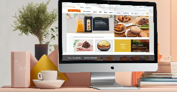 A modern e-commerce website interface shown on a laptop with vibrant product images and clear navigation.