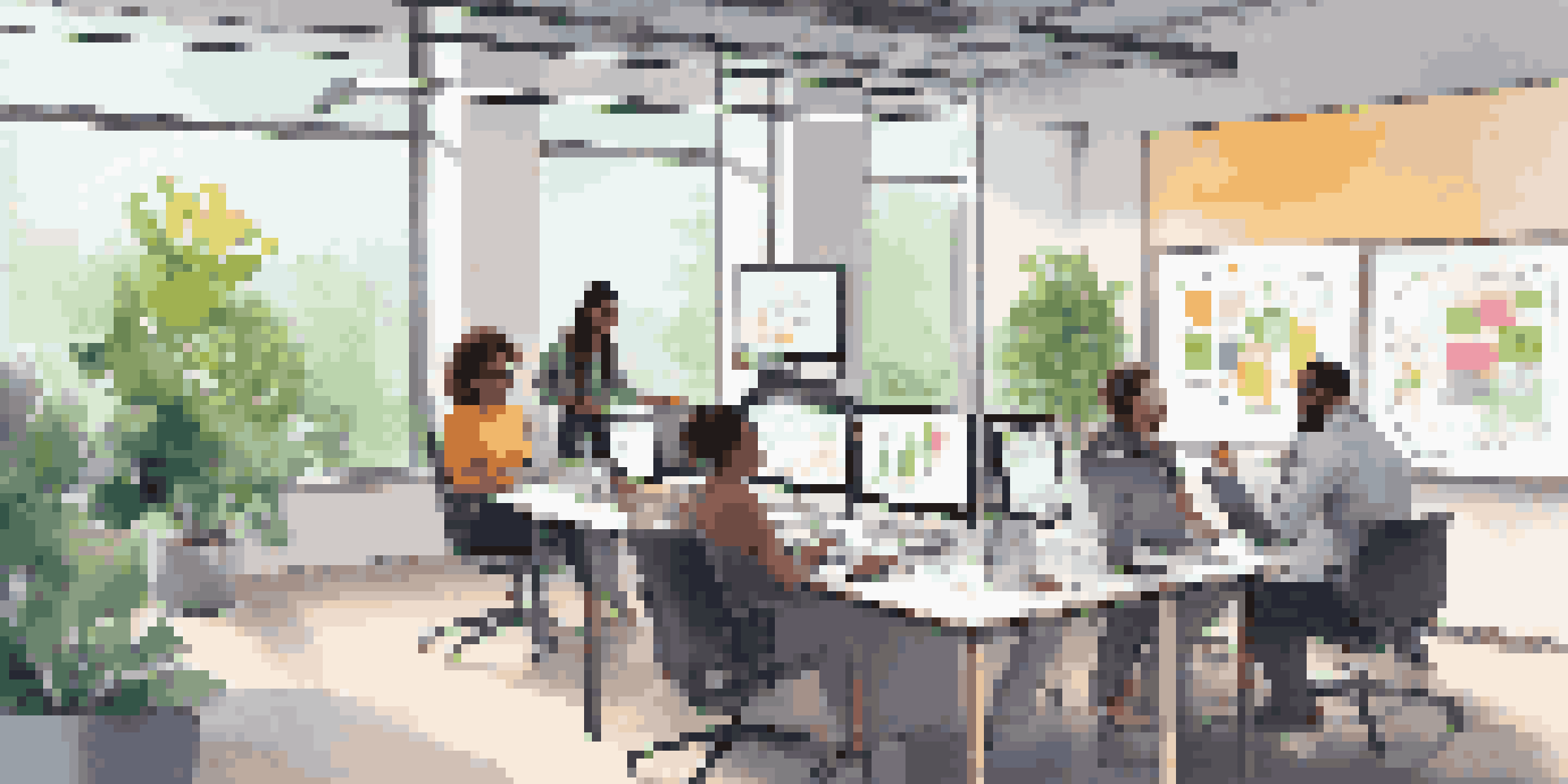 A diverse team of professionals working together in a bright office, collaborating over a digital whiteboard with laptops and colorful notes.