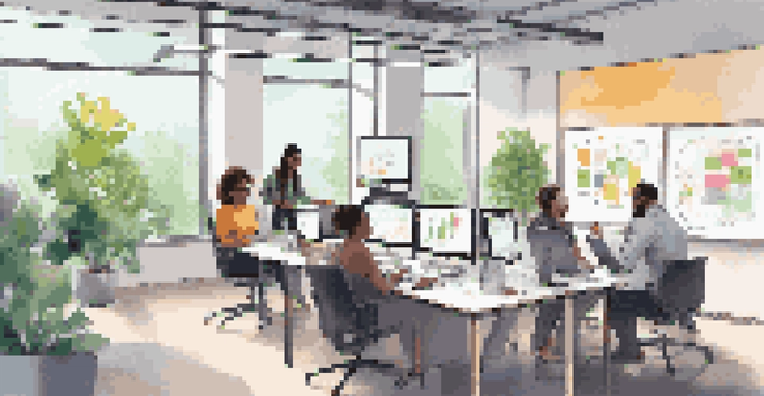 A diverse team of professionals working together in a bright office, collaborating over a digital whiteboard with laptops and colorful notes.