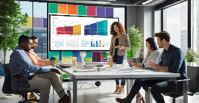 A diverse team of professionals working together in a modern office, analyzing data visualizations on a large screen.