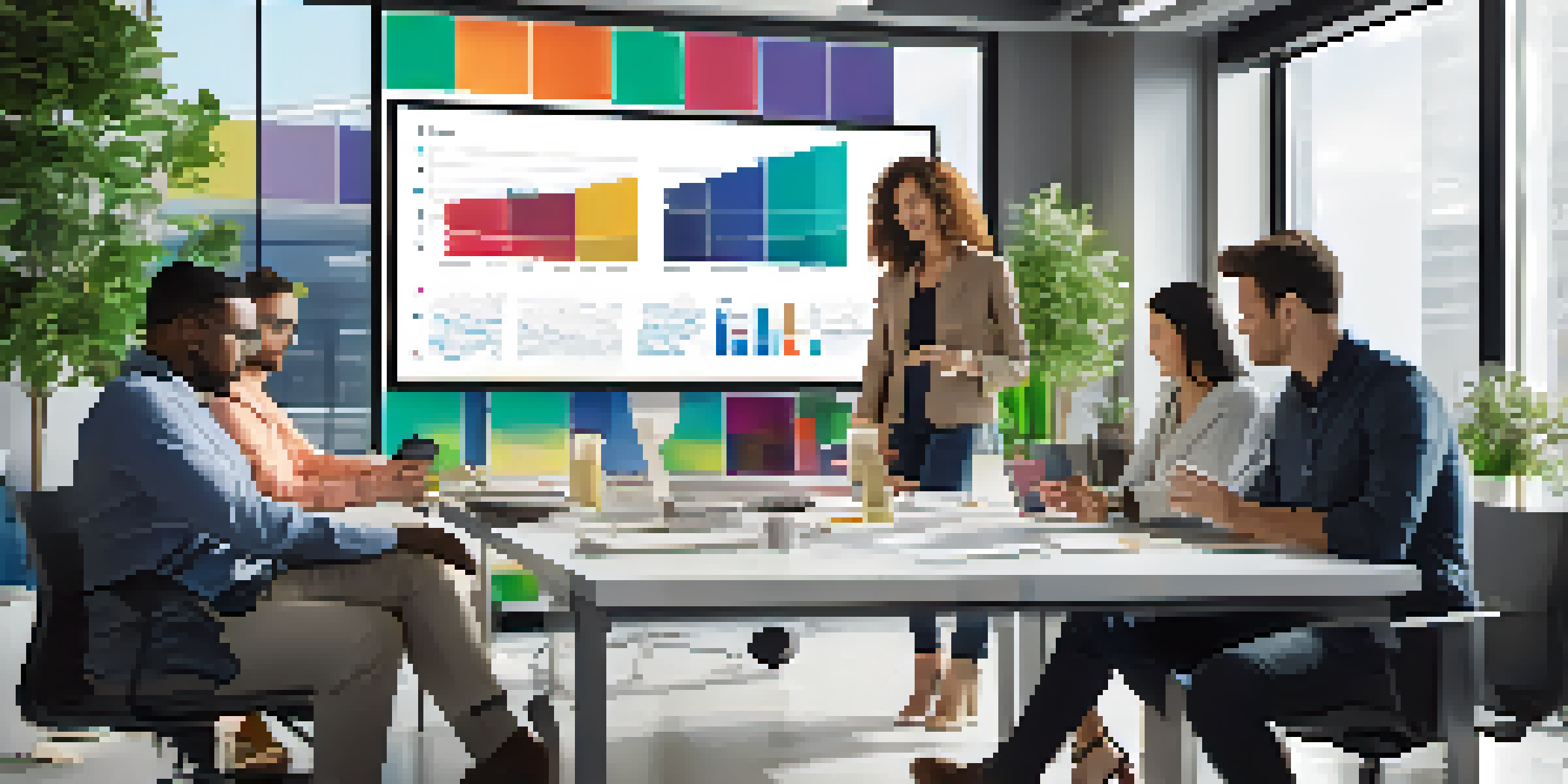 A diverse team of professionals working together in a modern office, analyzing data visualizations on a large screen.