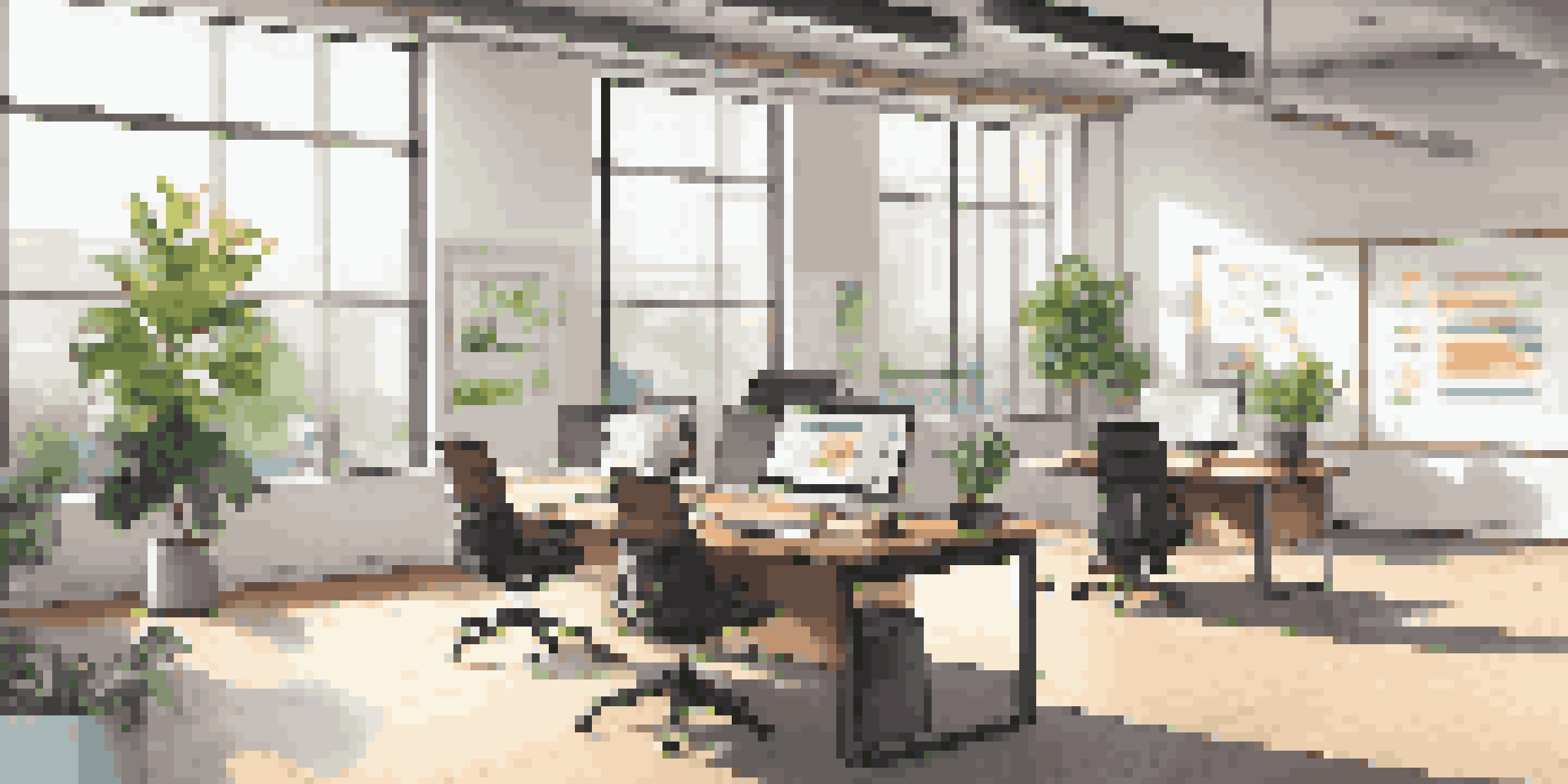 A bright, modern office space with a wooden desk, laptop, and plants, featuring a wall-mounted whiteboard with colorful charts.