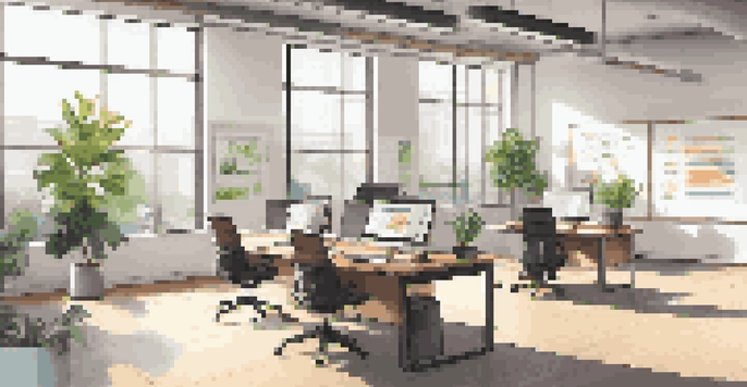 A bright, modern office space with a wooden desk, laptop, and plants, featuring a wall-mounted whiteboard with colorful charts.