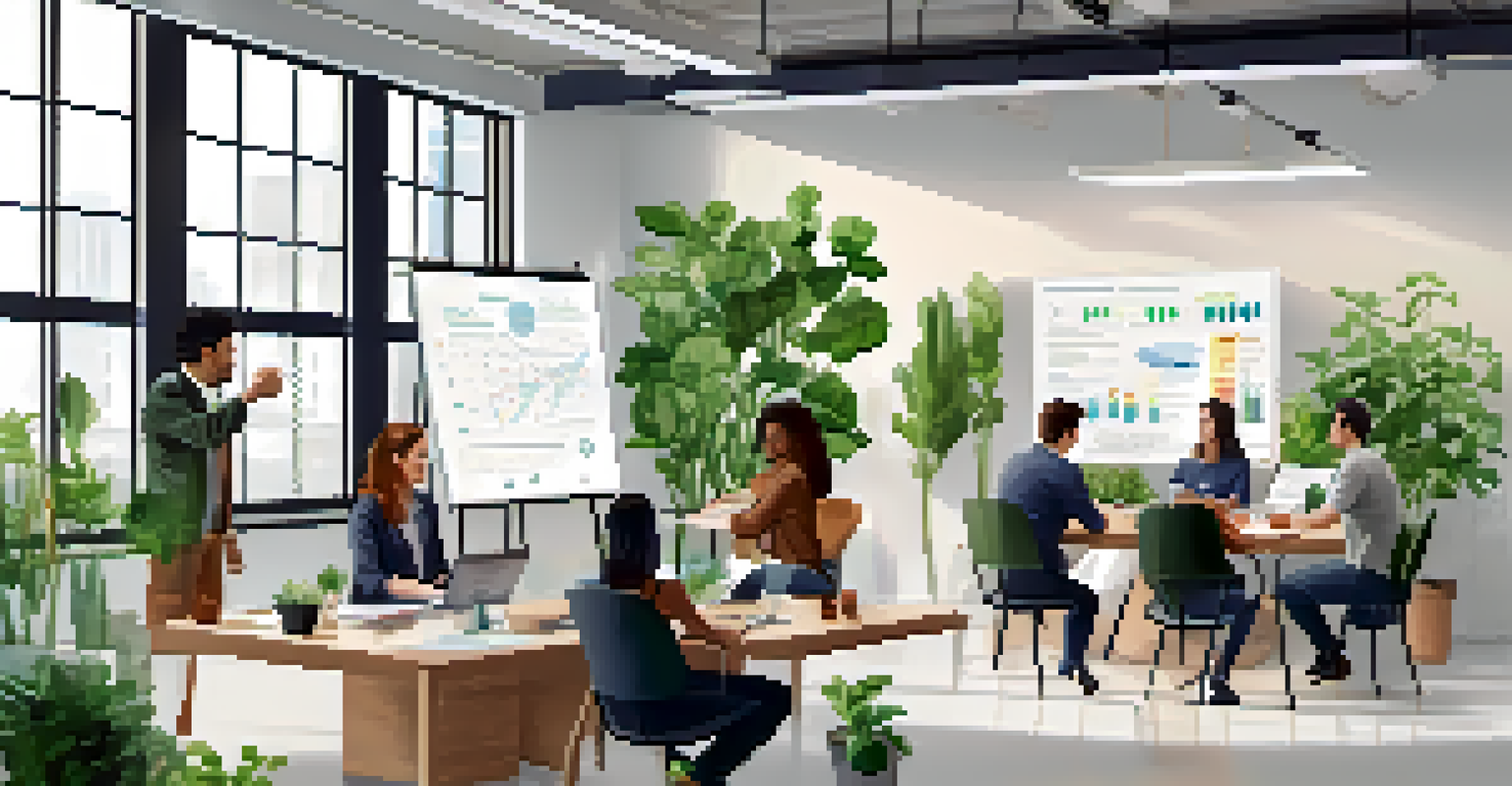 A diverse team in an office collaborating on corporate social responsibility projects, with plants and natural light.