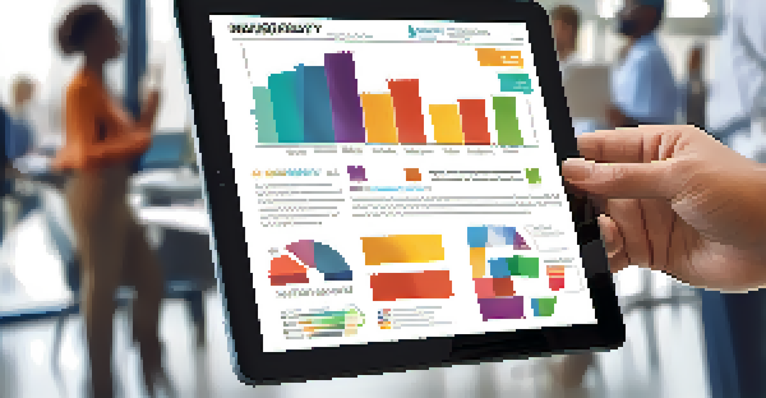 A close-up of a hand holding a tablet with an infographic about diversity and innovation, set against a blurred office backdrop.