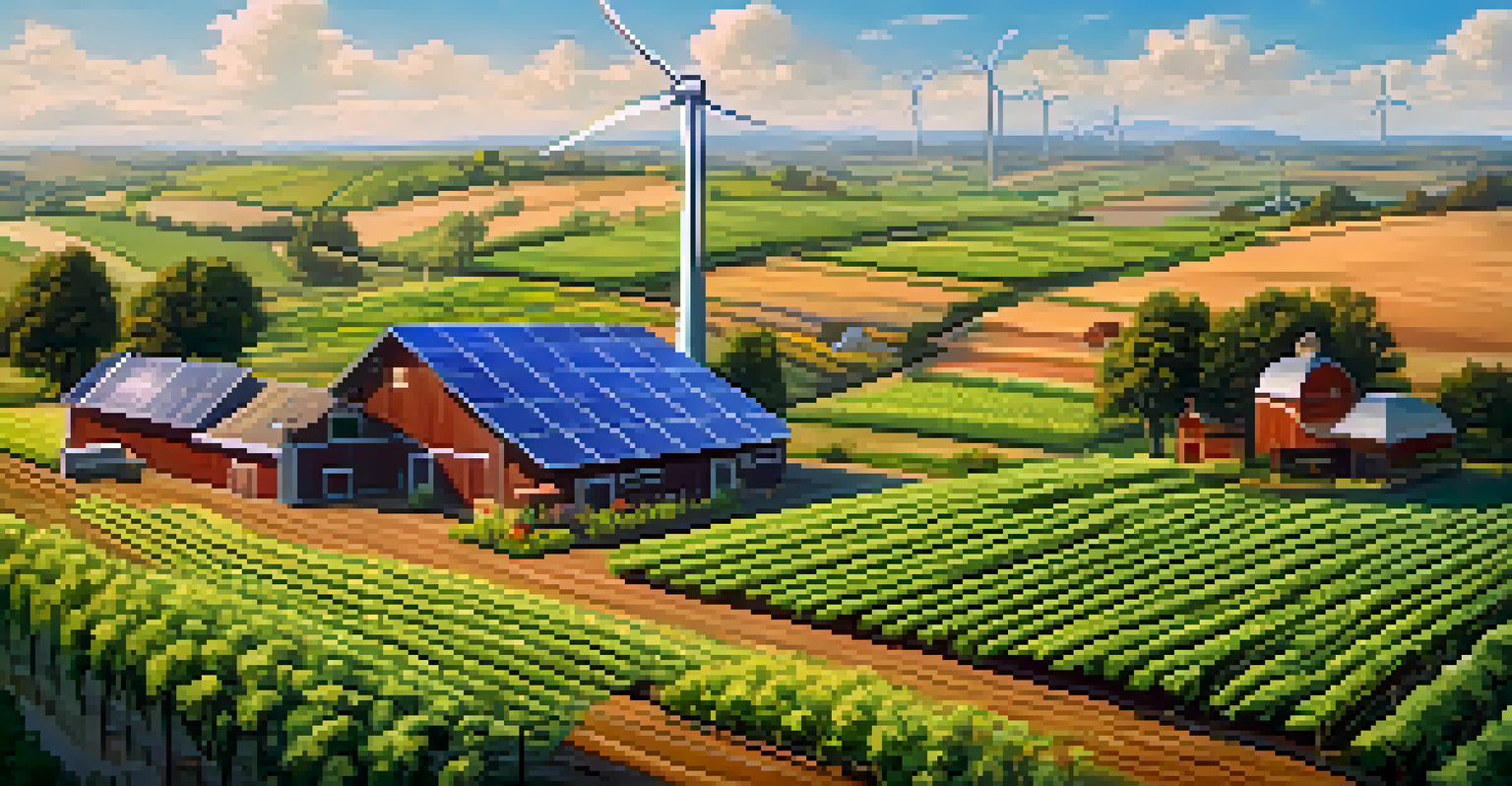 A sustainable farm landscape with solar panels, wind turbines, and rows of crops under a clear blue sky.