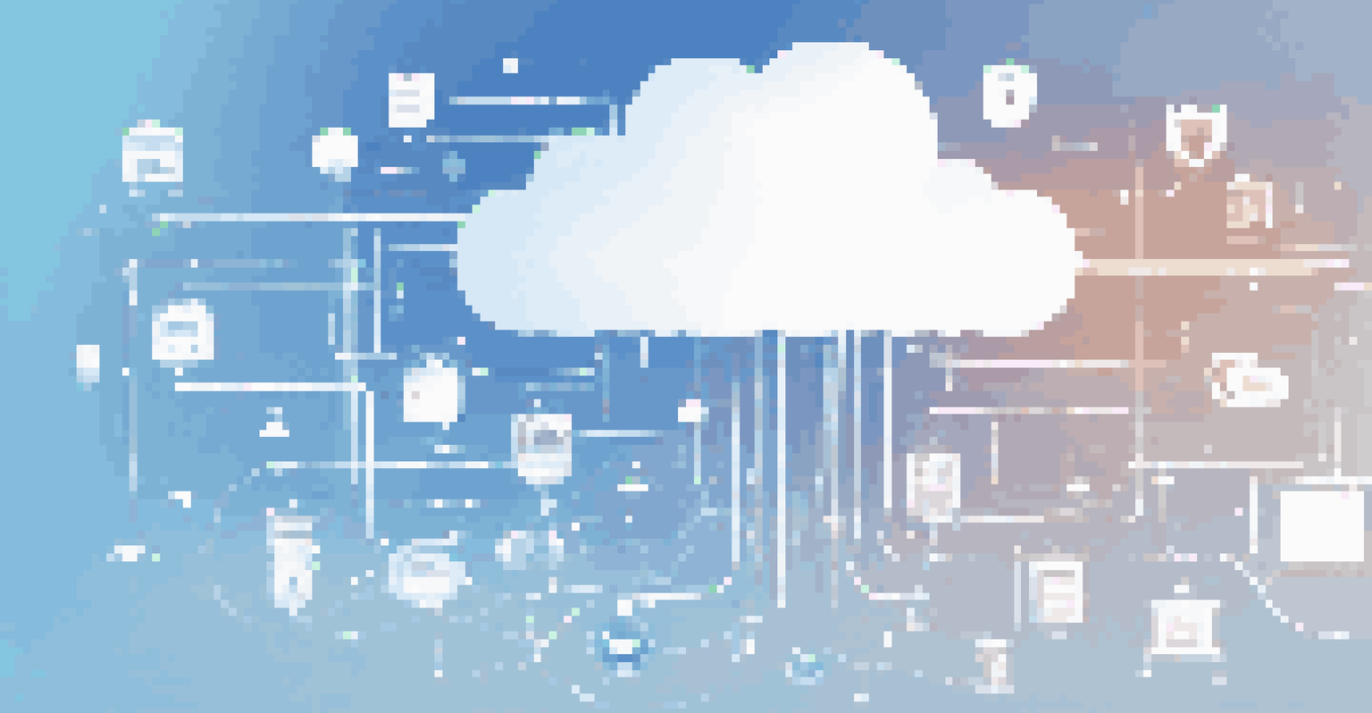 An abstract digital representation of cloud computing, with a glowing cloud filled with icons and a blue and white gradient background.