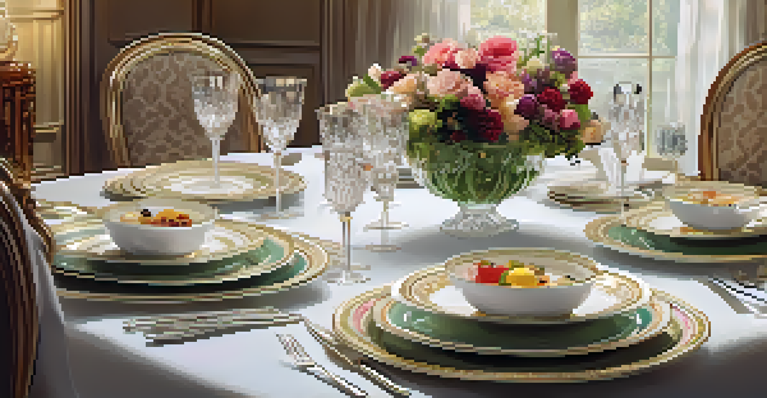 An elegantly set dining table with gourmet dishes, fine china, and soft ambient lighting.