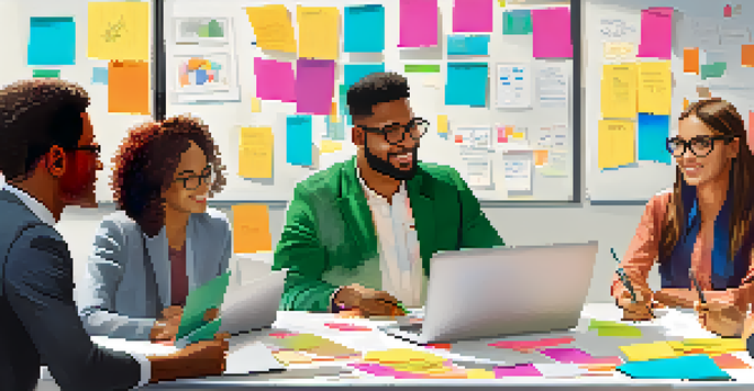 A diverse group of employees collaborating in a brainstorming session with colorful notes and laptops on a conference table.