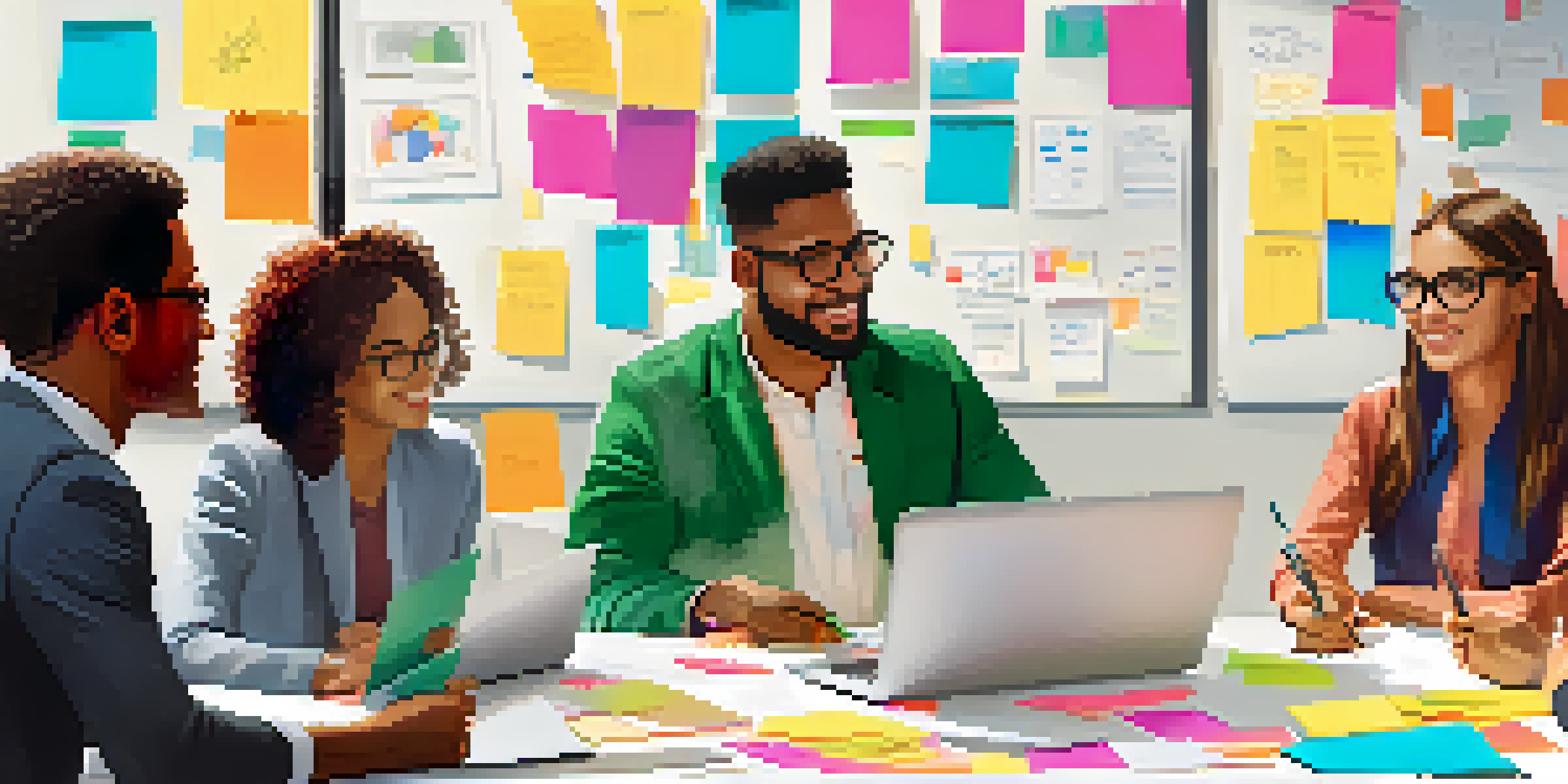 A diverse group of employees collaborating in a brainstorming session with colorful notes and laptops on a conference table.