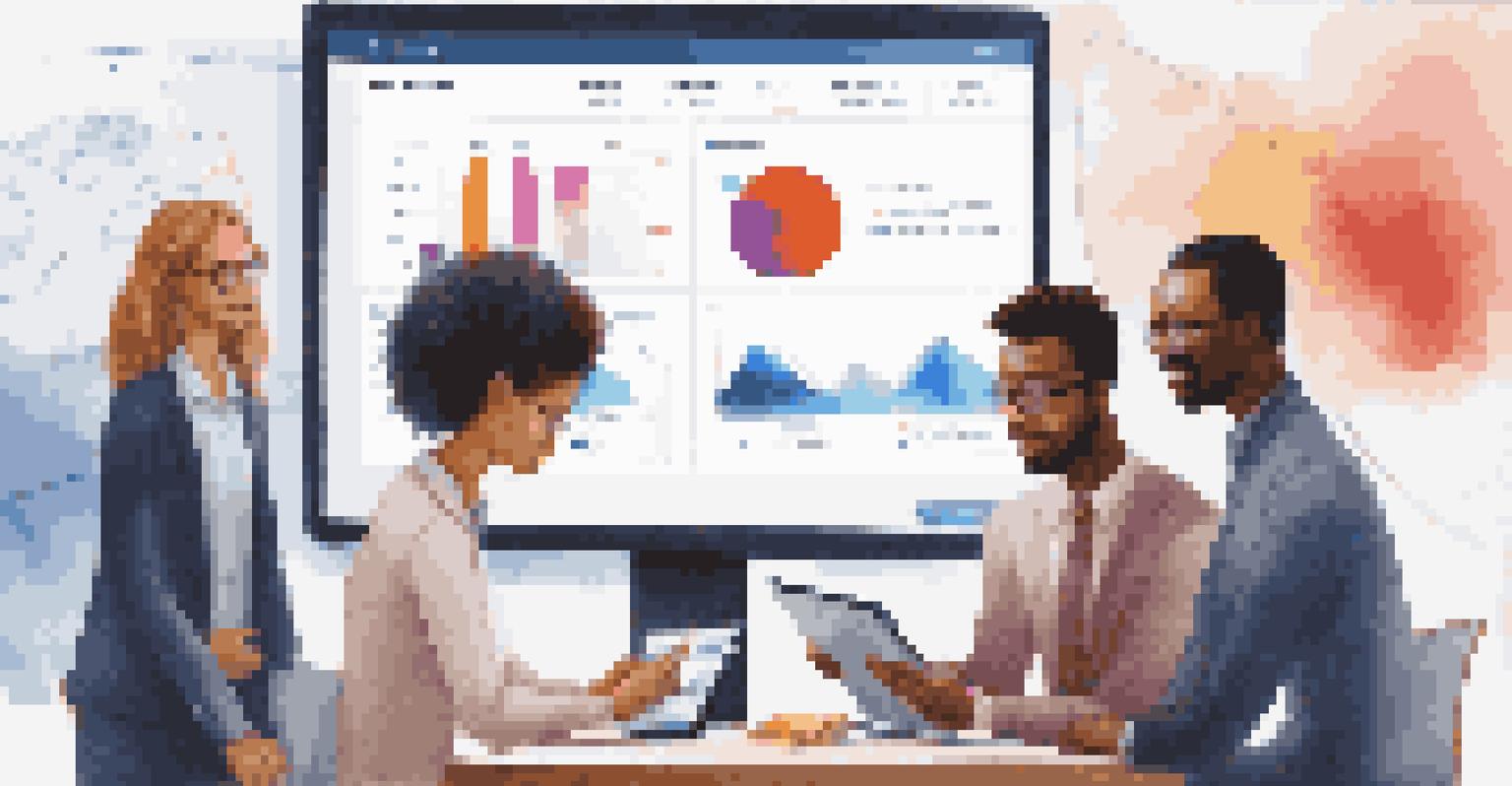 A diverse team analyzing a KPI dashboard on a tablet in a conference room, with colorful visuals displayed.