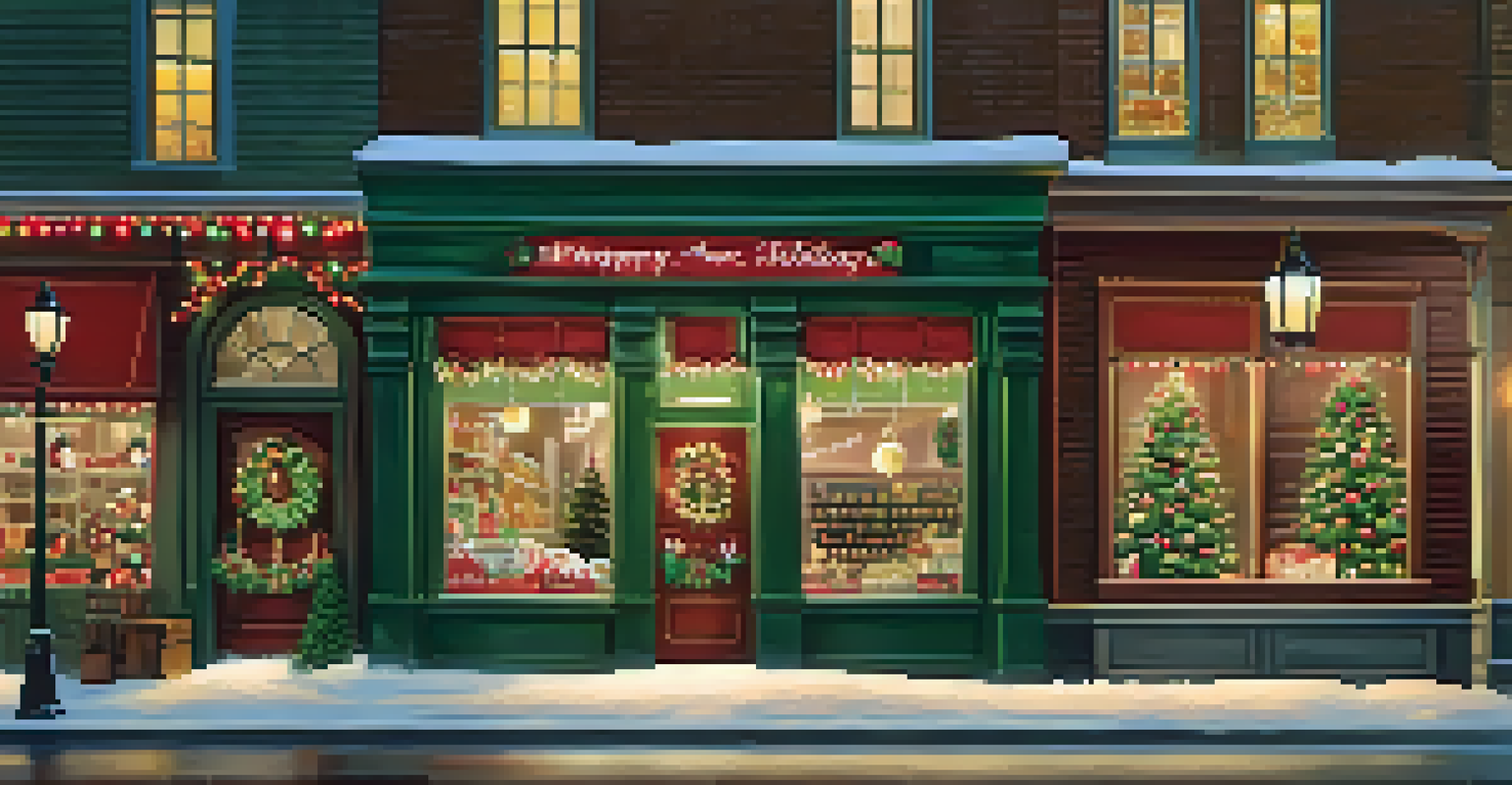 A holiday-themed storefront with festive decorations, lights, and a cozy atmosphere, inviting customers inside.