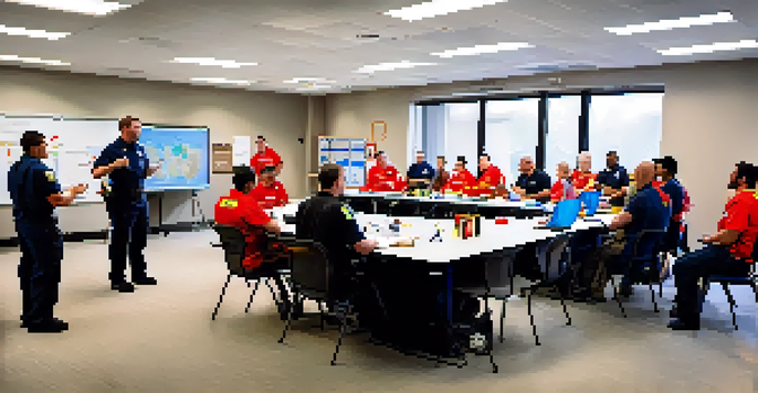 A group of employees participating in an interactive preparedness training session with emergency response equipment.