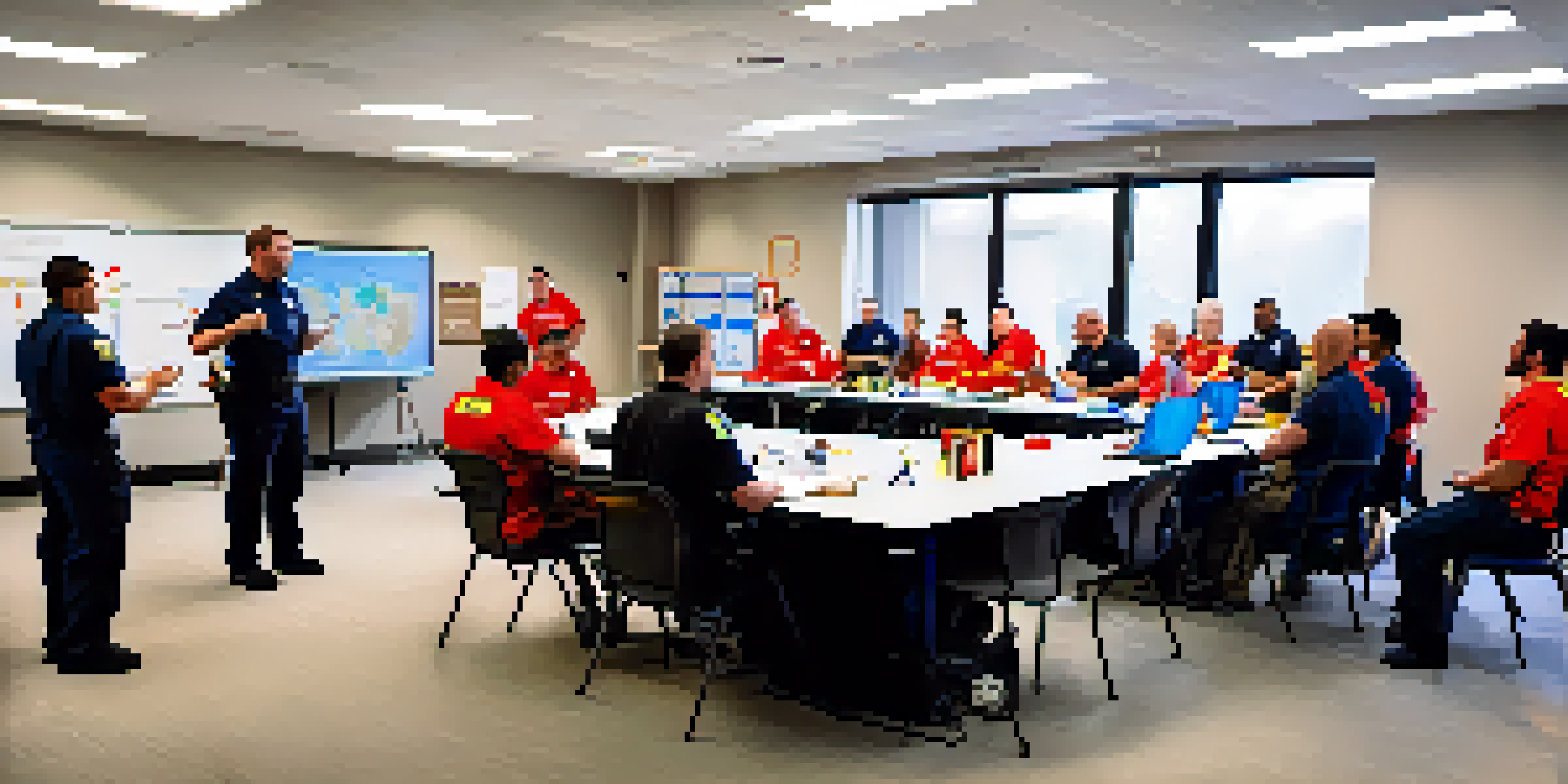 A group of employees participating in an interactive preparedness training session with emergency response equipment.